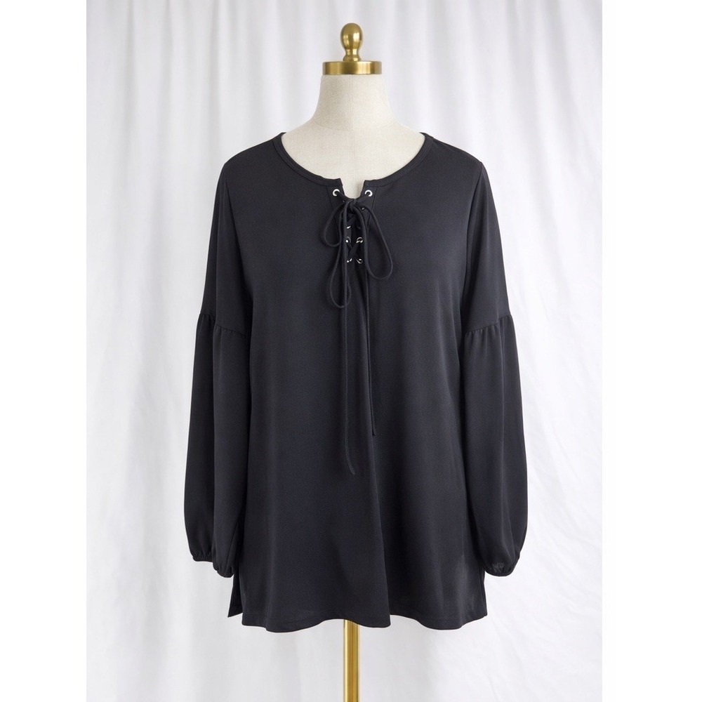 Belle by Kim Gravel Knit Popover Top Black V Neck Balloon Sleeves Tunic Sz L